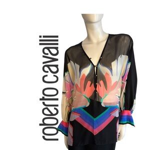 Roberto Cavalli Black Sheer Blouse with Multicolor Floral Print